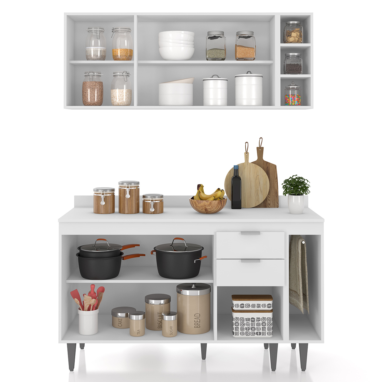 Armário de Cozinha Com Tampo CP08 140cm Pérola Branco Z34     - Mpozenato