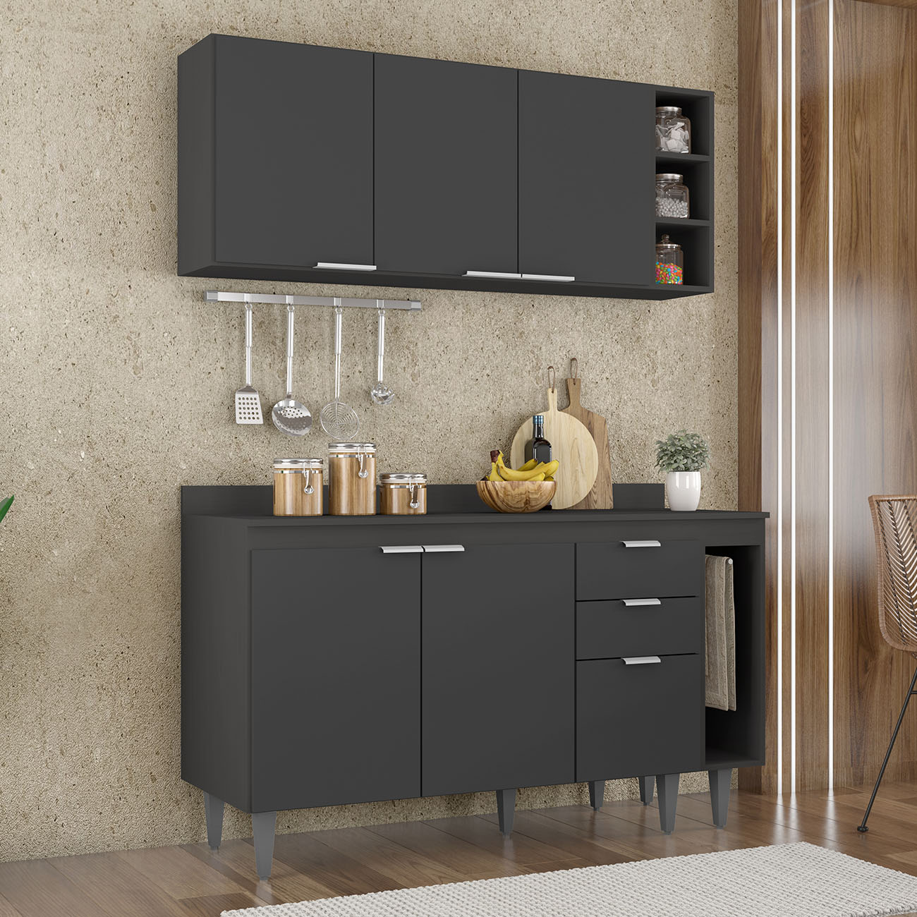 Armário de Cozinha Com Tampo CP08 140cm Pérola Preto Z34      - Mpozenato