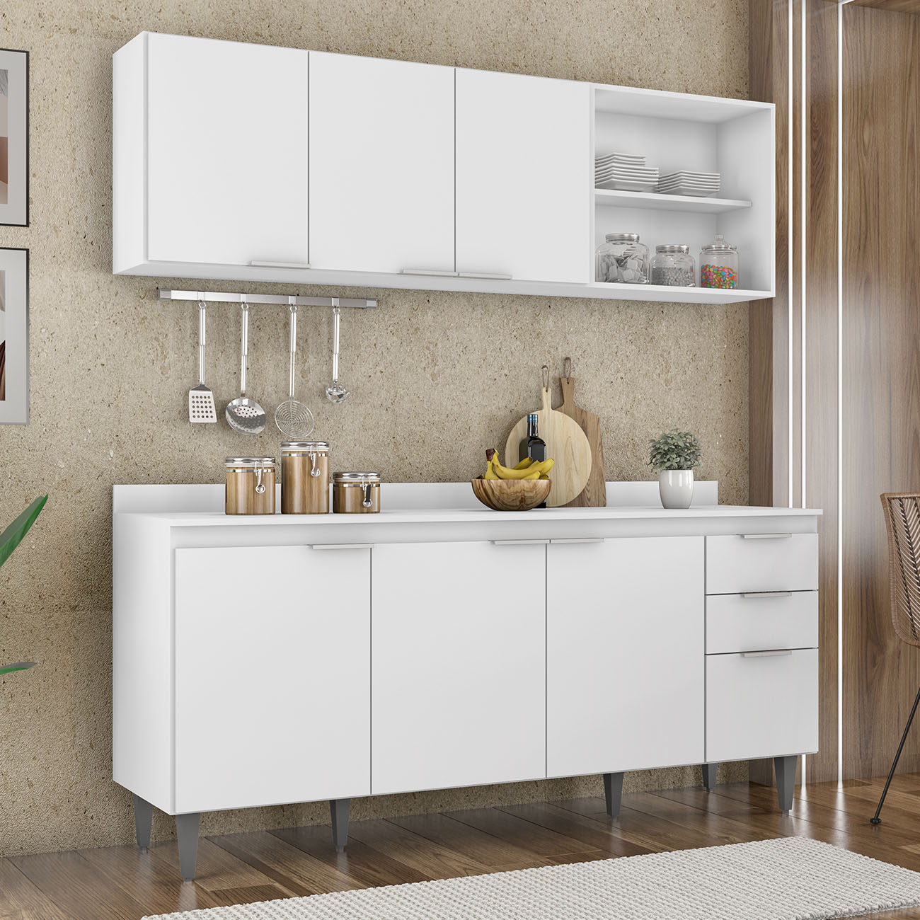 Armário de Cozinha Com Tampo CP10 180cm Pérola Branco Z34     - Mpozenato
