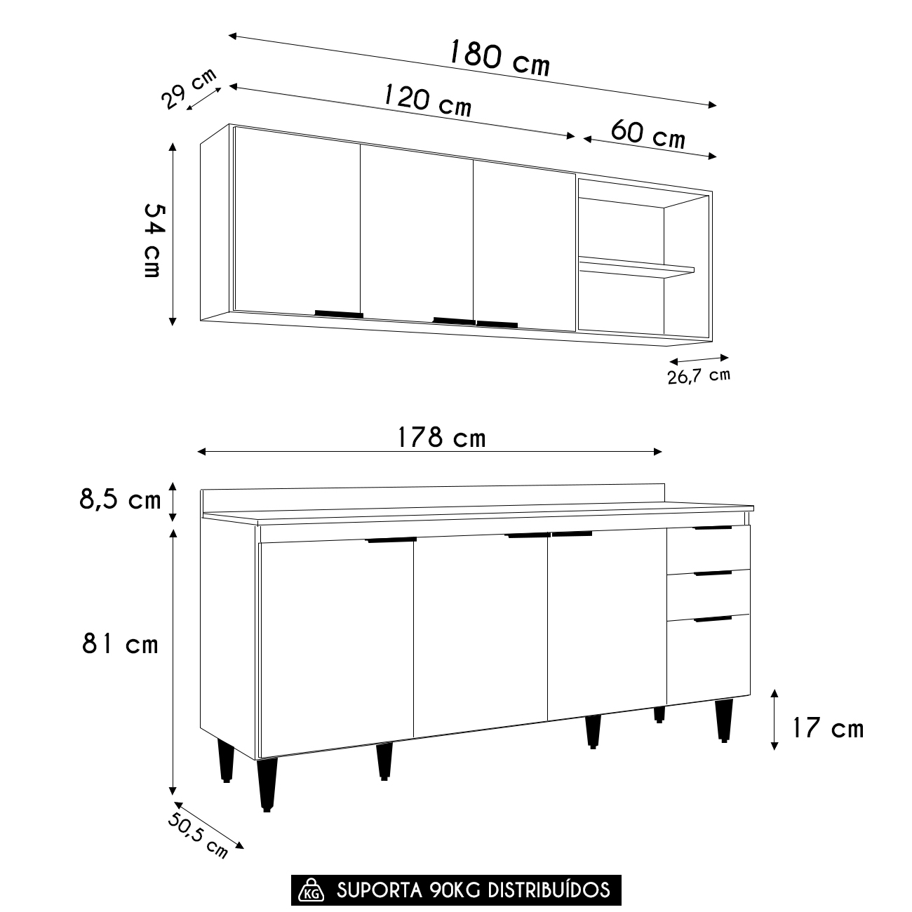 Armário de Cozinha Com Tampo CP10 180cm Pérola Branco Z34     - Mpozenato