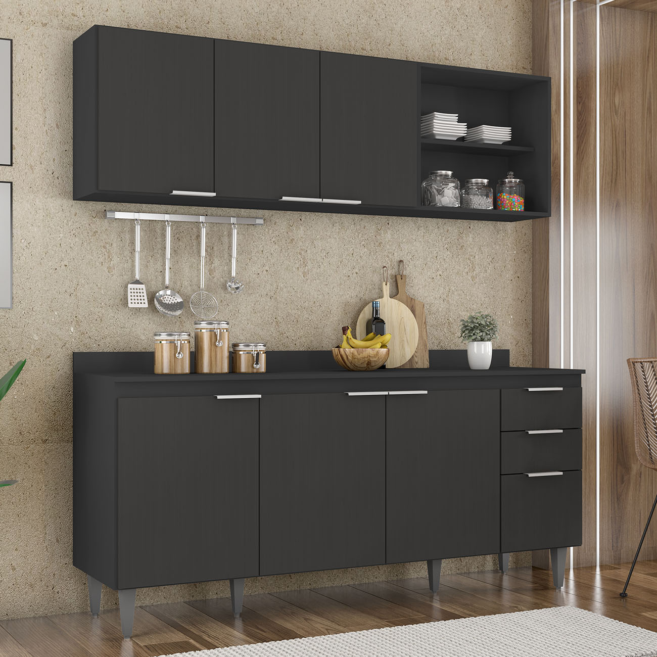 Armário de Cozinha Com Tampo CP10 180cm Pérola Preto Z34      - Mpozenato