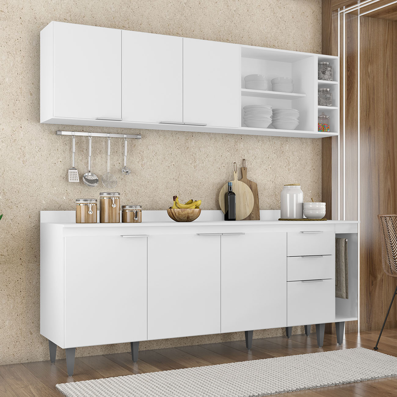 Armário de Cozinha Com Tampo CP11 200cm Pérola Branco Z34     - Mpozenato