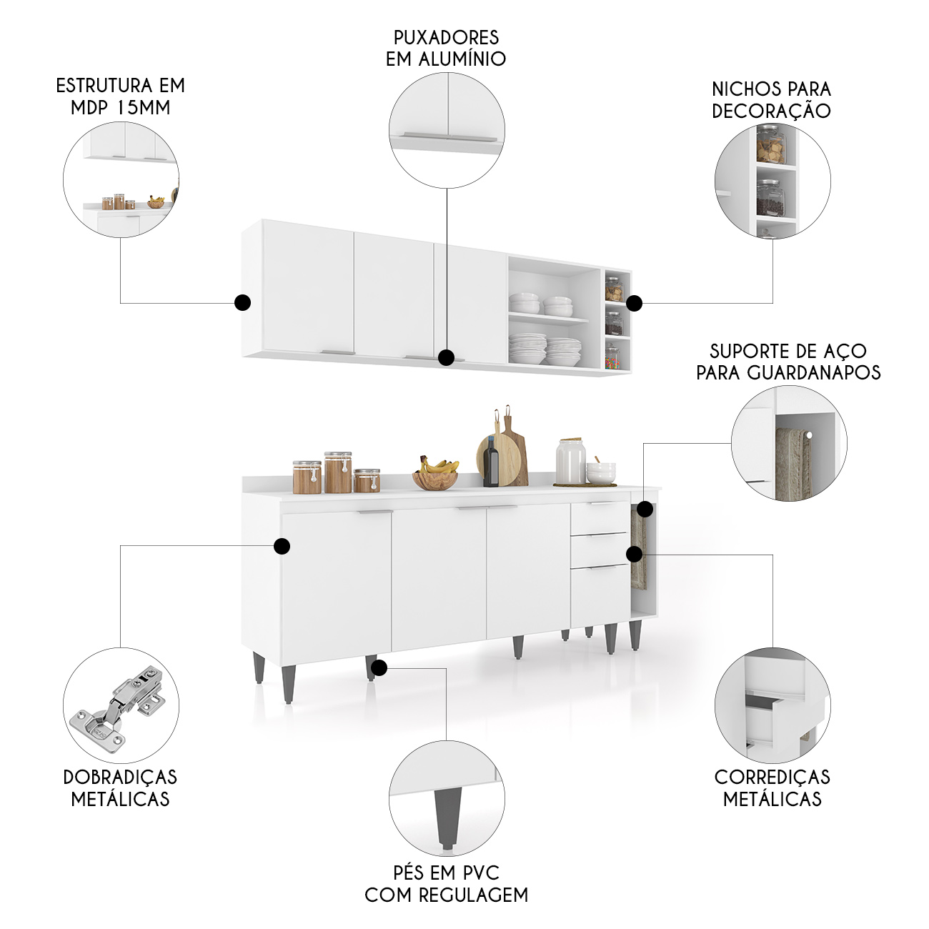 Armário de Cozinha Com Tampo CP11 200cm Pérola Branco Z34     - Mpozenato