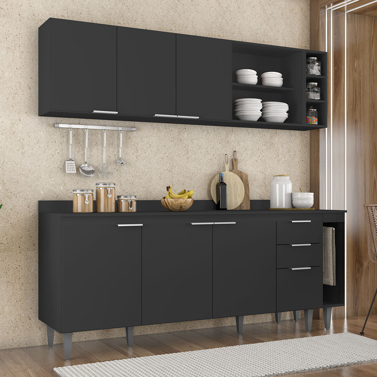 Armário de Cozinha Com Tampo CP11 200cm Pérola Preto Z34      - Mpozenato