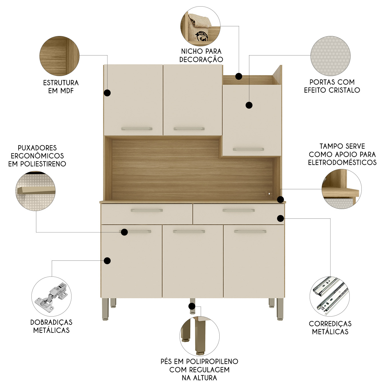 Armário de Cozinha Compacta 132cm Stella Plus Freijó/Soft Z06 - Mpozenato