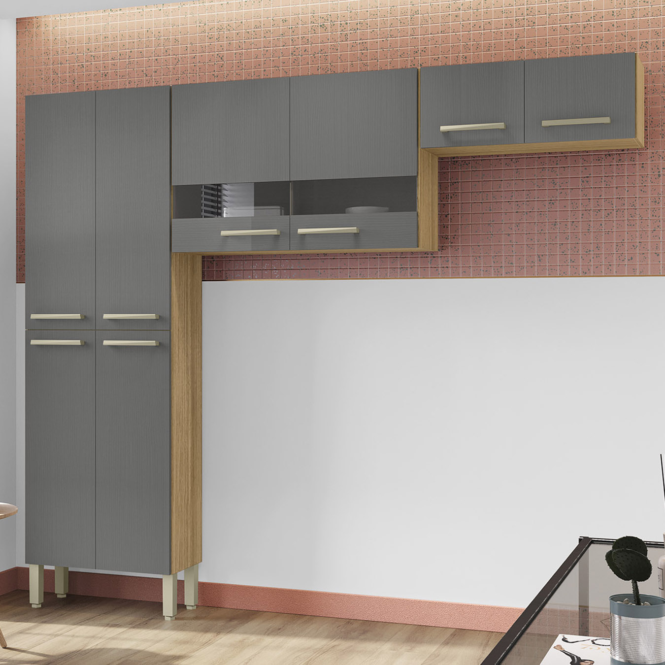Armário de Cozinha Compacta 221cm Vivian Freijó/Gris Z06 - Mpozenato