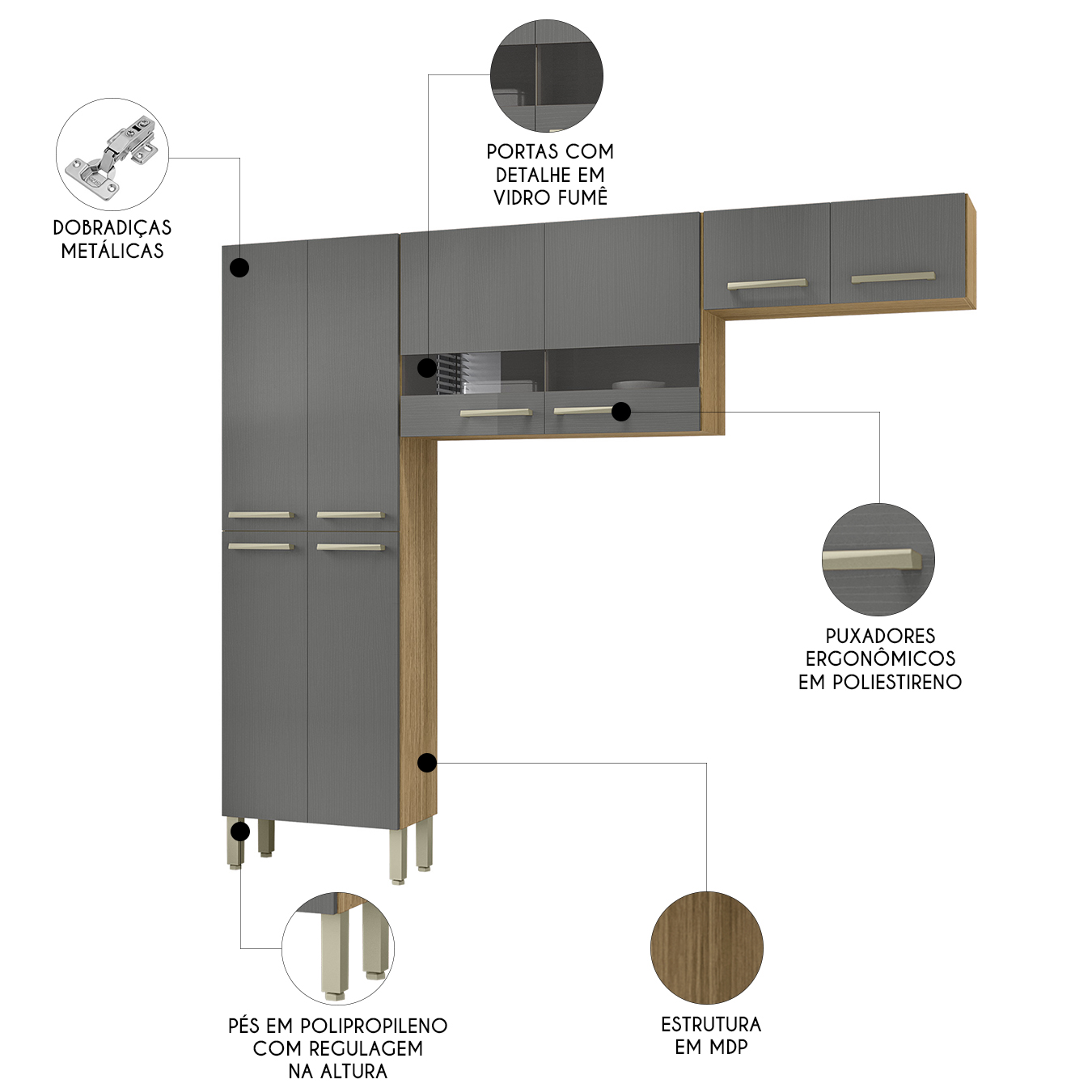 Armário de Cozinha Compacta 221cm Vivian Freijó/Gris Z06 - Mpozenato