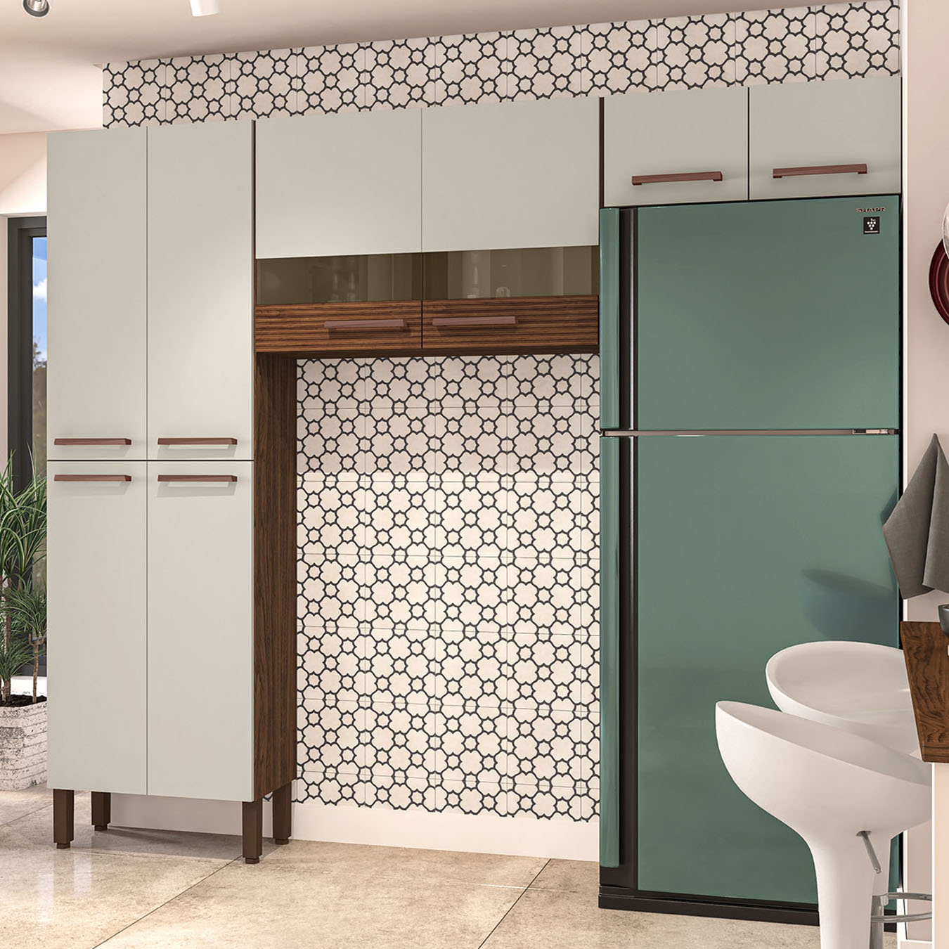 Armário de Cozinha Compacta 221cm Vivian Nogueira/Off White Z06 - Mpozenato