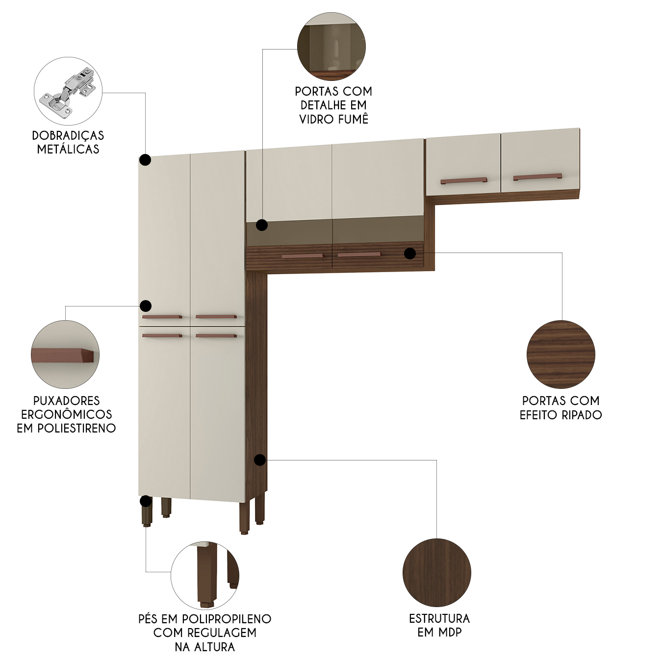 Armário de Cozinha Compacta 221cm Vivian Nogueira/Off White Z06 - Mpozenato
