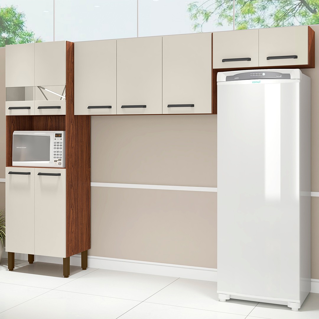 Armário de Cozinha Compacta 251cm Louis K02 Nogueira/Off - Mpozenato