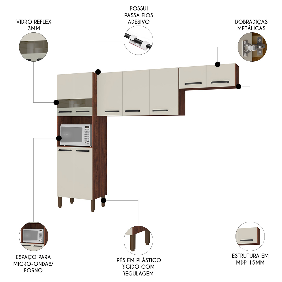 Armário de Cozinha Compacta 251cm Louis K02 Nogueira/Off - Mpozenato