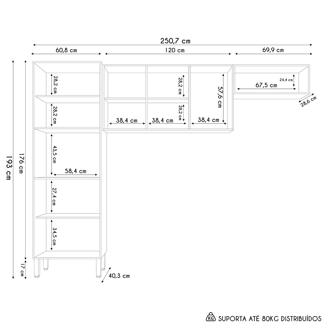 Armário de Cozinha Compacta 251cm Louis K02 Nogueira/Off - Mpozenato
