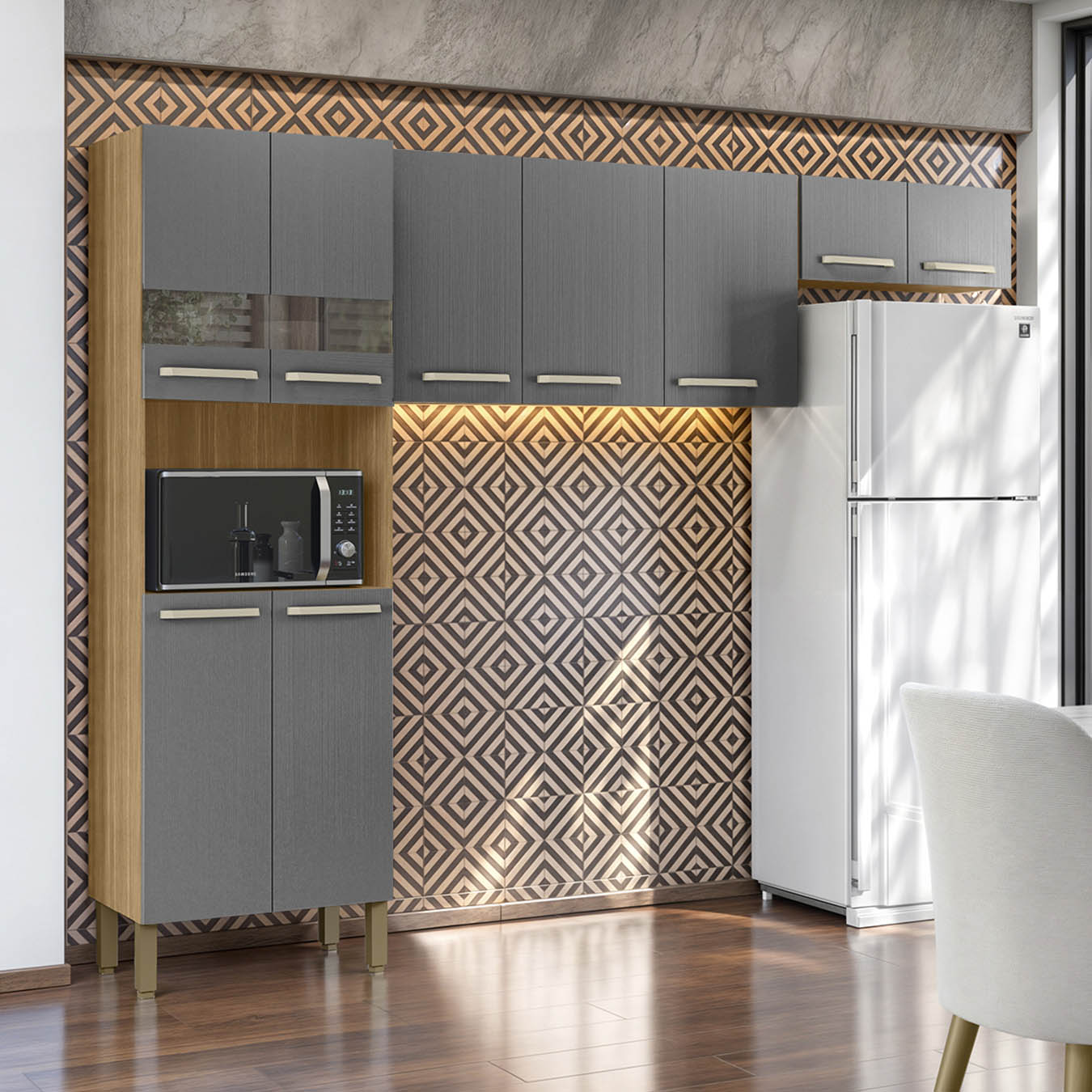 Armário de Cozinha Compacta 251cm Louis Plus Freijó/Gris Z06 - Mpozenato