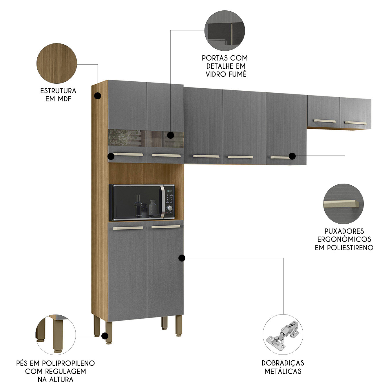 Armário de Cozinha Compacta 251cm Louis Plus Freijó/Gris Z06 - Mpozenato