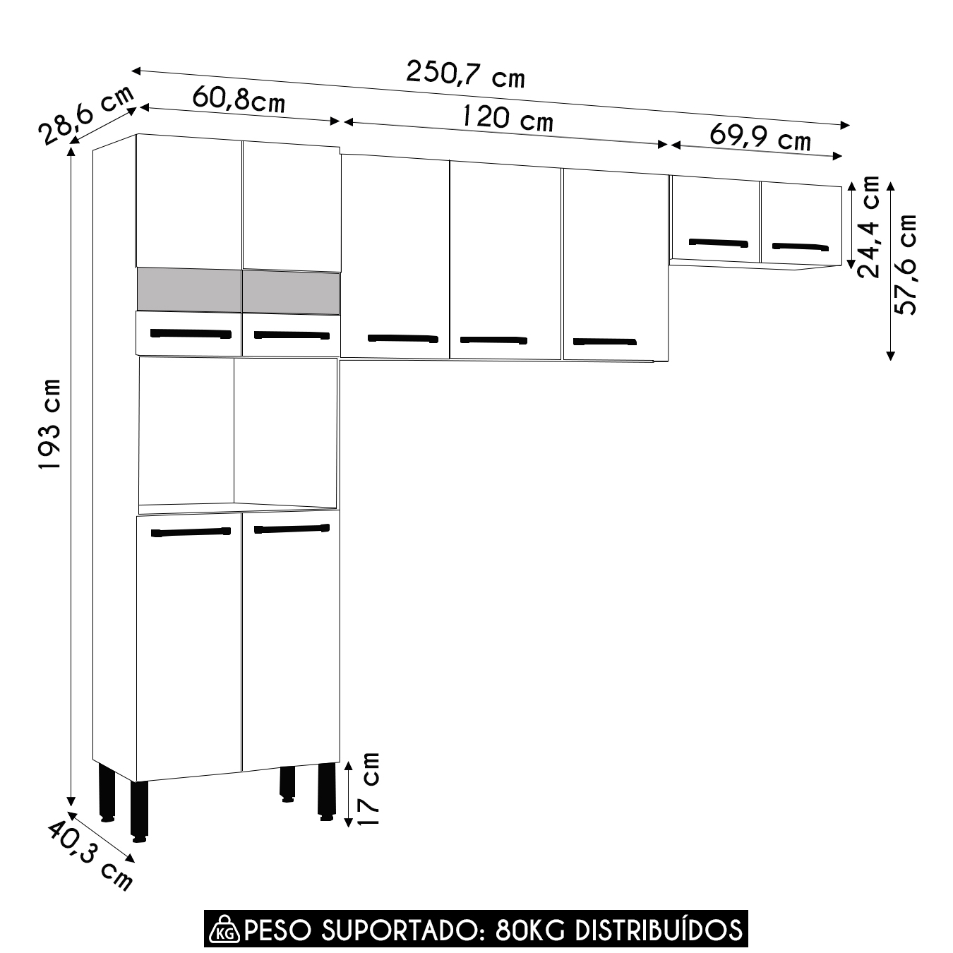 Armário de Cozinha Compacta 251cm Louis Plus Freijó/Gris Z06 - Mpozenato