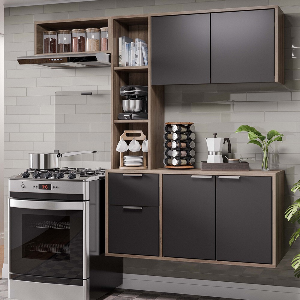 Armário de Cozinha Compacta Suspensa Vieira M24 Freijó/Preto - Mpozenato