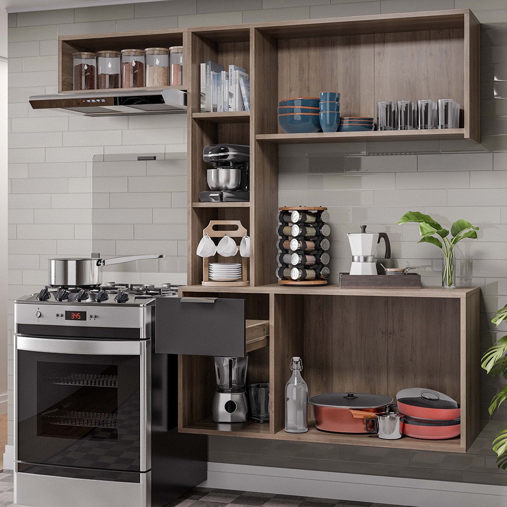 Armário de Cozinha Compacta Suspensa Vieira M24 Freijó/Preto - Mpozenato
