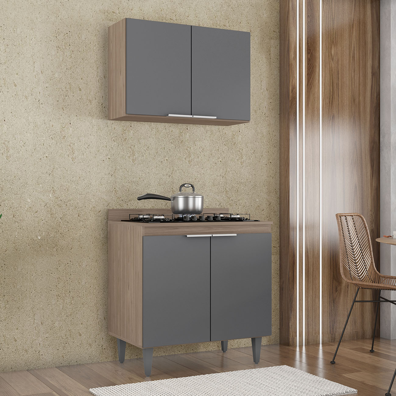 Armário de Cozinha e Balcão Cooktop Pérola Z34 Freijó/Grafite - Mpozenato