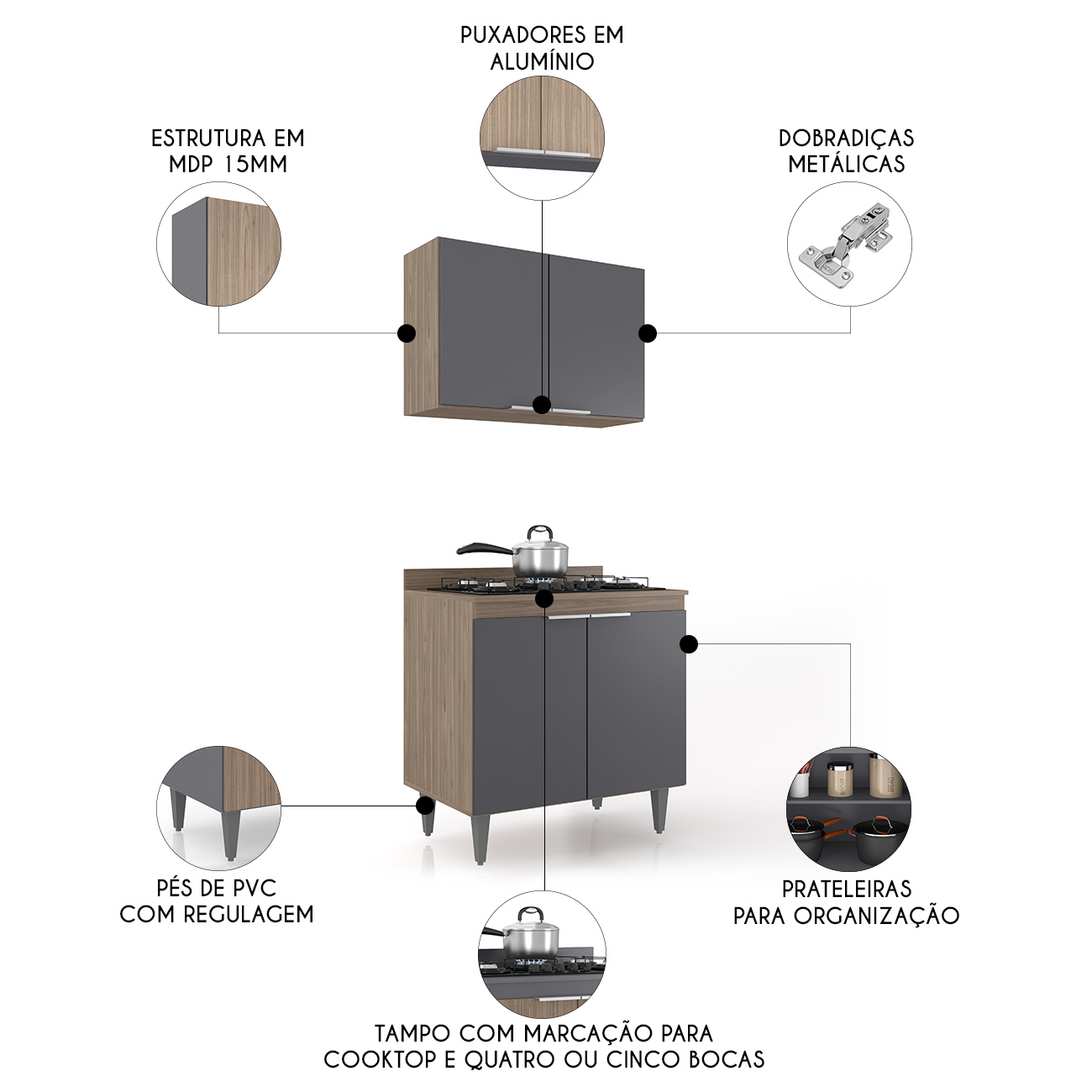 Armário de Cozinha e Balcão Cooktop Pérola Z34 Freijó/Grafite - Mpozenato