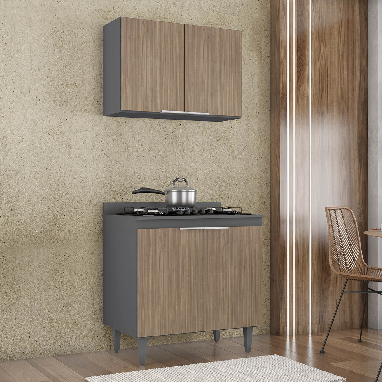 Armário de Cozinha e Balcão Cooktop Pérola Z34 Grafite/Freijó - Mpozenato
