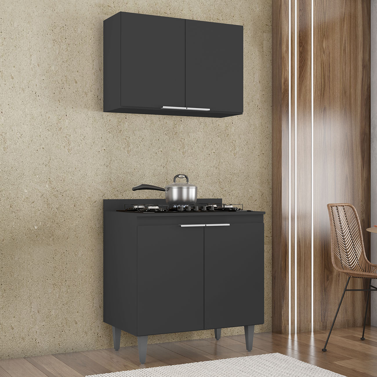 Armário de Cozinha e Balcão Cooktop Pérola Z34 Preto        - Mpozenato