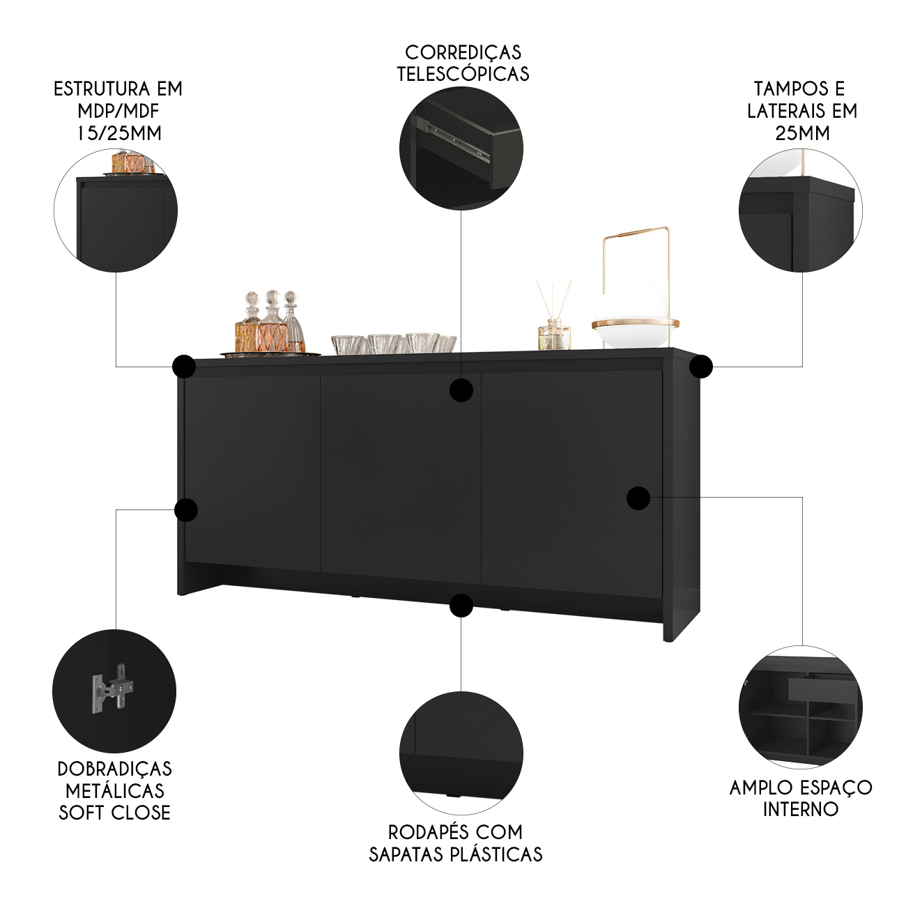 Balcão Aparador Buffet 3 Portas Madrid C14 Preto - Mpozenato