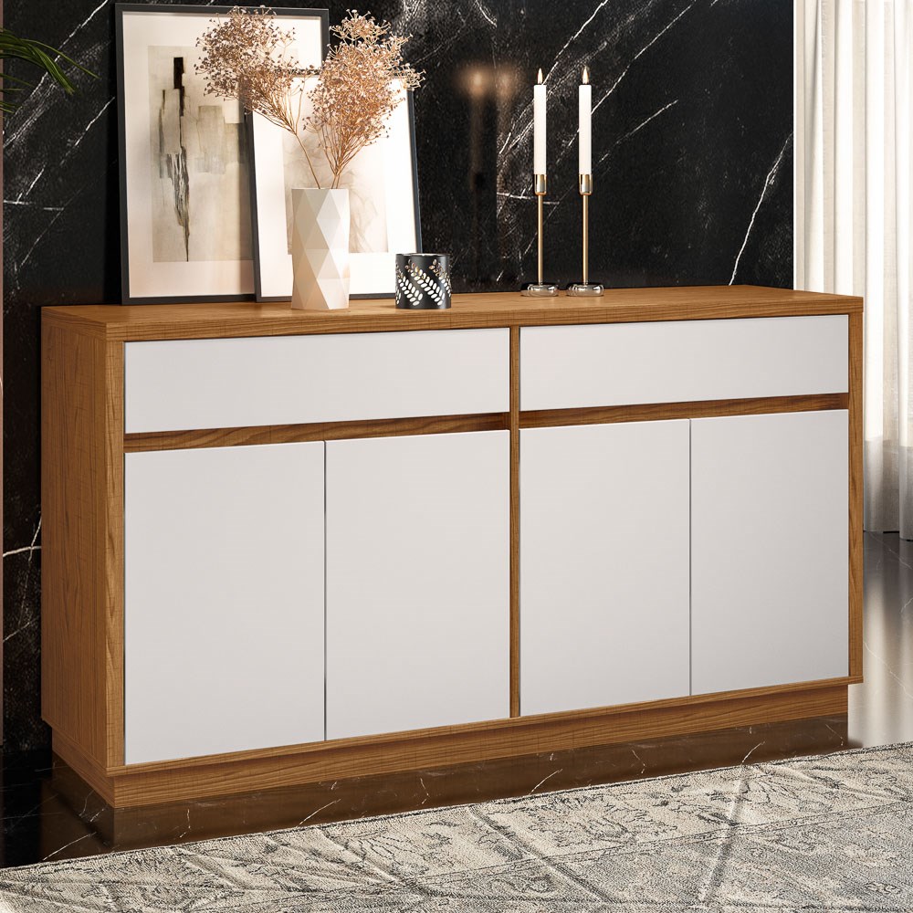 Balcão Aparador Buffet 4 Portas 2 Gavetas 100% MDF Anne N02 Ypê/Off White - Mpozenato