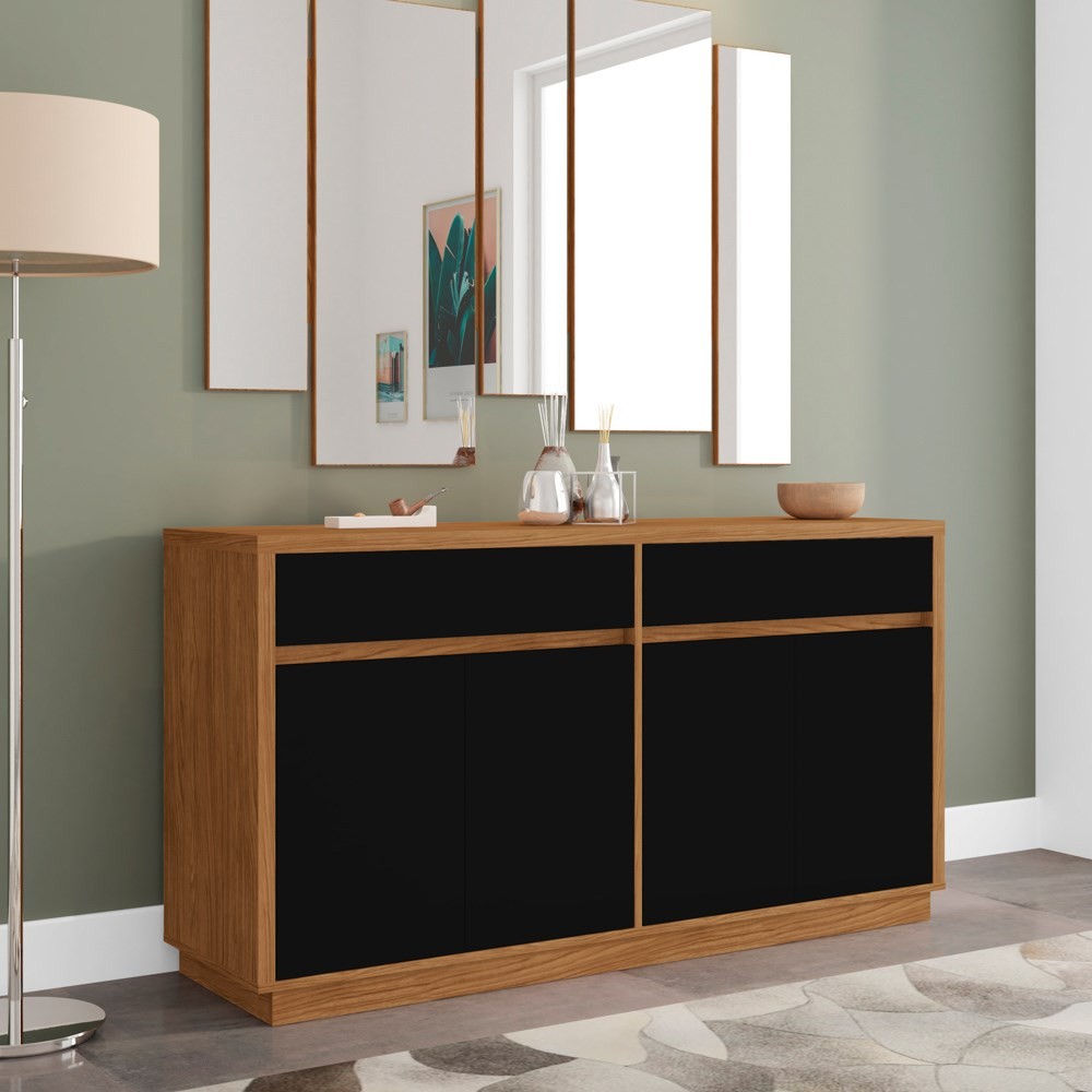 Balcão Aparador Buffet 4 Portas 2 Gavetas 100% MDF Anne N02 Ypê/Preto - Mpozenato
