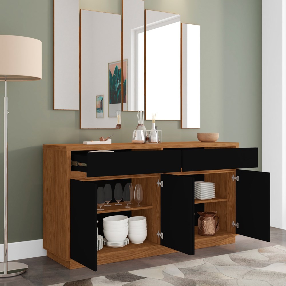 Balcão Aparador Buffet 4 Portas 2 Gavetas 100% MDF Anne N02 Ypê/Preto - Mpozenato