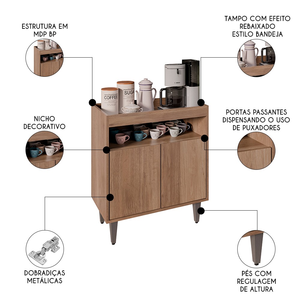Balcão Aparador Buffet Cantinho do Café 71cm Lice Z34 Freijó - Mpozenato
