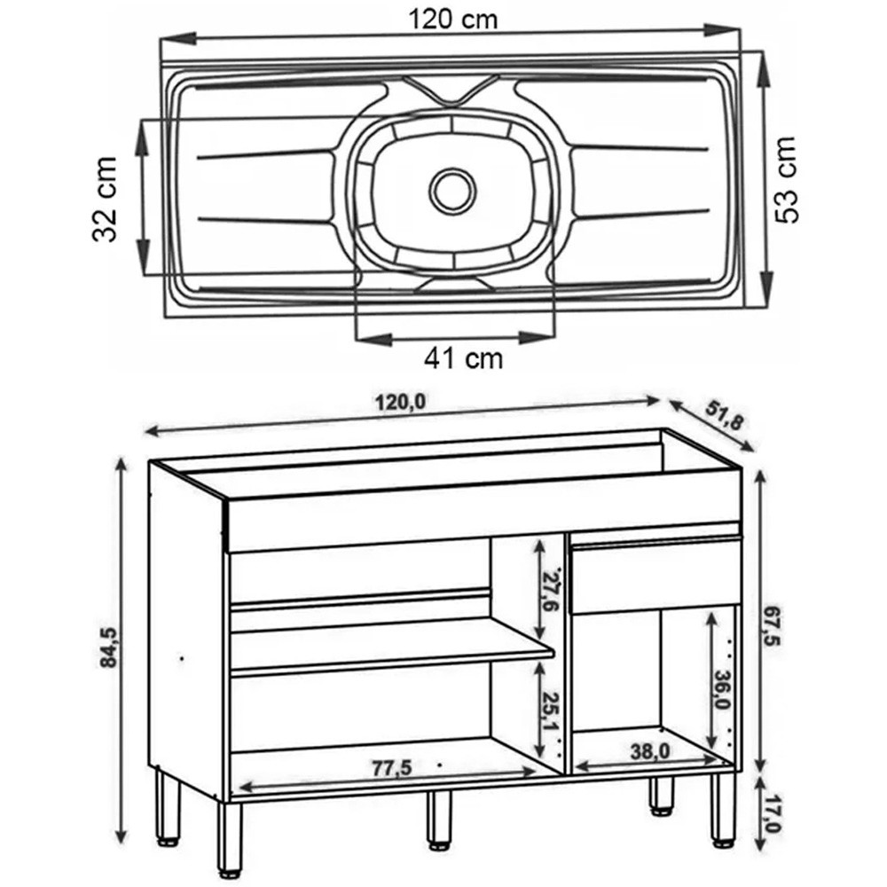 Balcão Gabinete 3 Portas com Pia 120cm Lina K02 Vanilla - Mpozenato