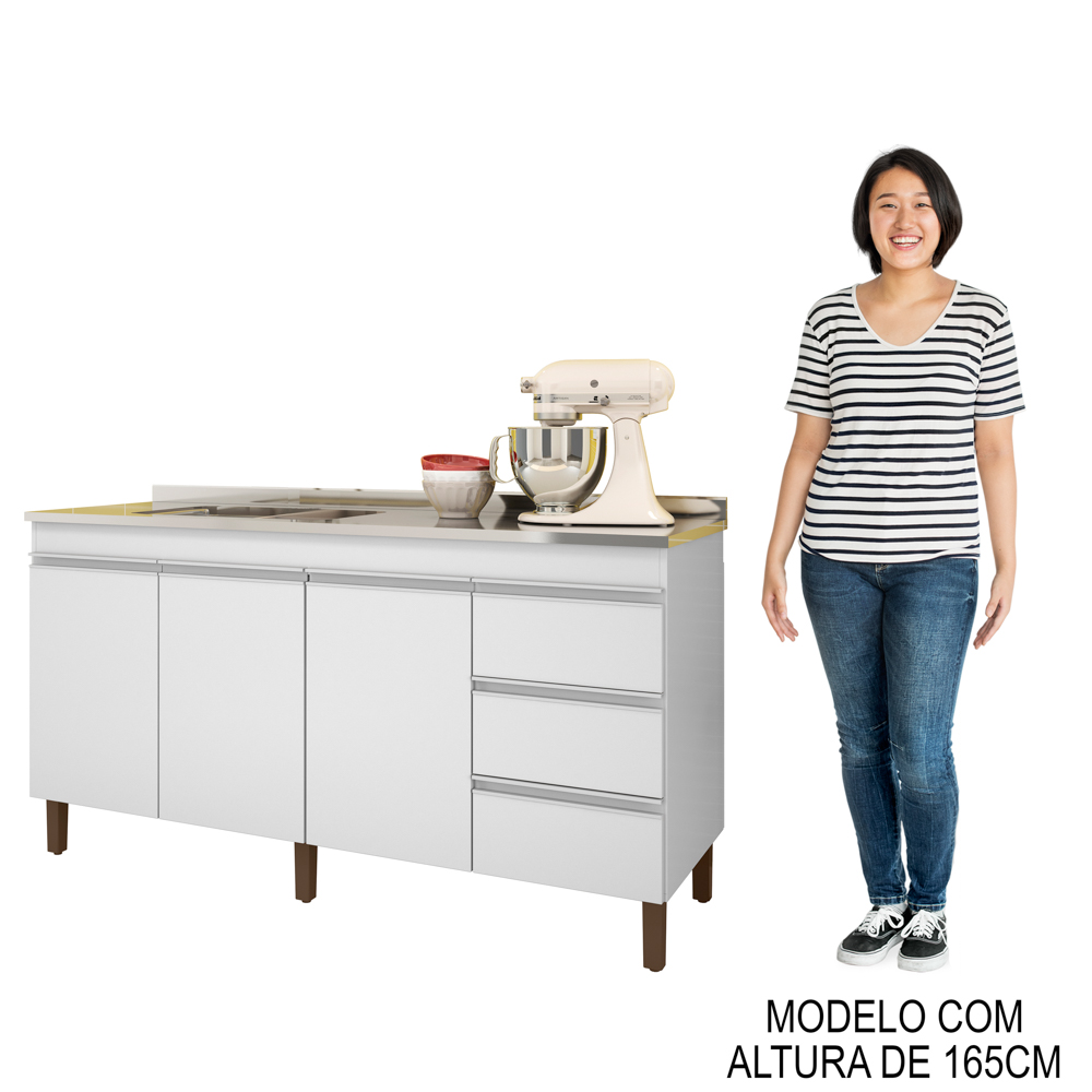 Balcão Gabinete Com Pia 160cm 3 Portas Karen P14 Branco - Mpozenato