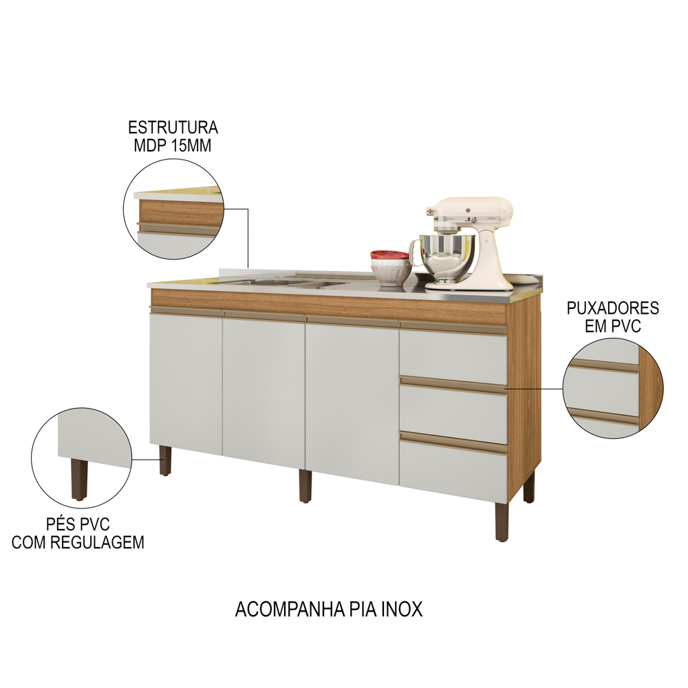 Balcão Gabinete Com Pia 160cm 3 Portas Karen P14 Nature/Off White - Mpozenato