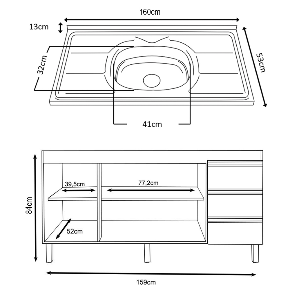 Balcão Gabinete Com Pia 160cm 3 Portas Karen P14 Nature/Off White - Mpozenato