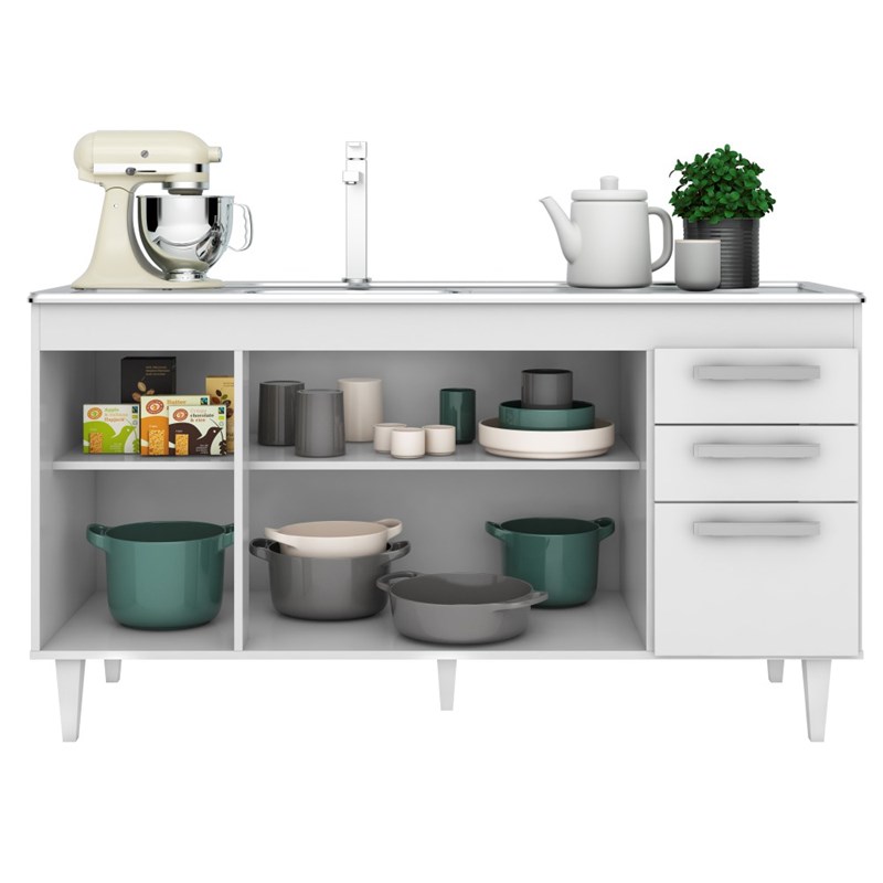 Balcão Gabinete Lis com Pia Inox 150cm 4 Portas Branco - Mpozenato