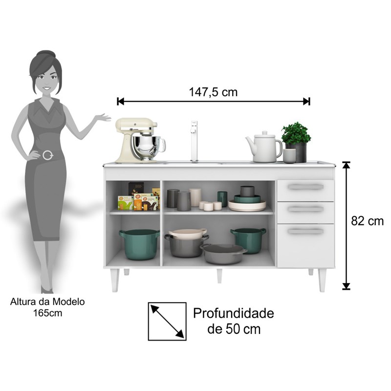 Balcão Gabinete Lis com Pia Inox 150cm 4 Portas Branco - Mpozenato