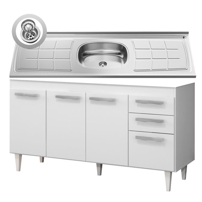Balcão Gabinete Lis e Pia Inox 150cm 4 Portas L03 Lis - Mpozenato