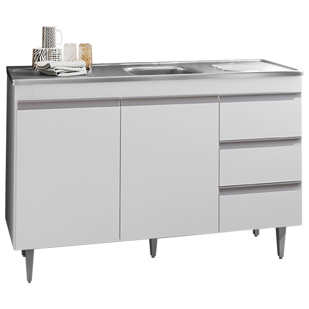 Balcão Gabinete com Pia Inox 120cm 2 Portas 3 Gavetas Andréia Branco - AJL Móveis