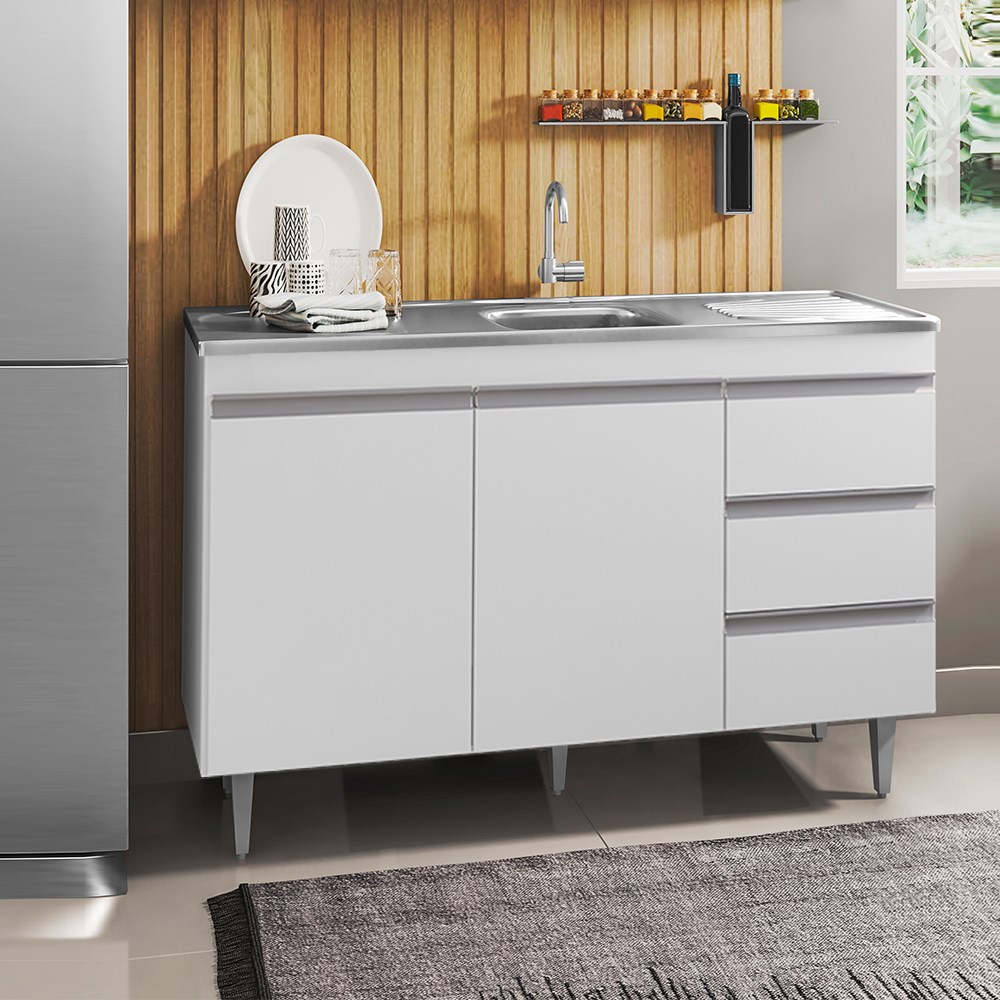 Balcão Gabinete com Pia Inox 120cm 2 Portas 3 Gavetas Andréia Branco - AJL Móveis