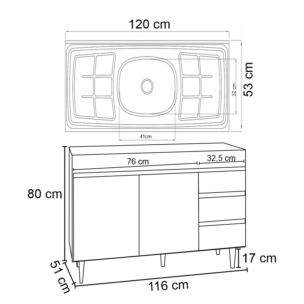 Balcão Gabinete com Pia Inox 120cm 2 Portas 3 Gavetas Andréia Branco - AJL Móveis
