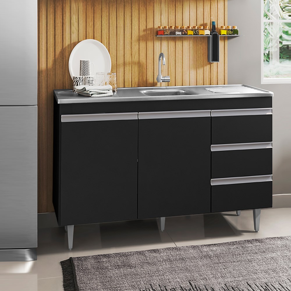 Balcão Gabinete com Pia Inox 120cm 2 Portas 3 Gavetas Andréia Preto Total - AJL Móveis
