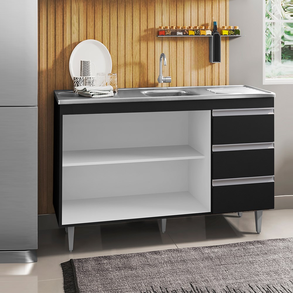 Balcão Gabinete com Pia Inox 120cm 2 Portas 3 Gavetas Andréia Preto Total - AJL Móveis