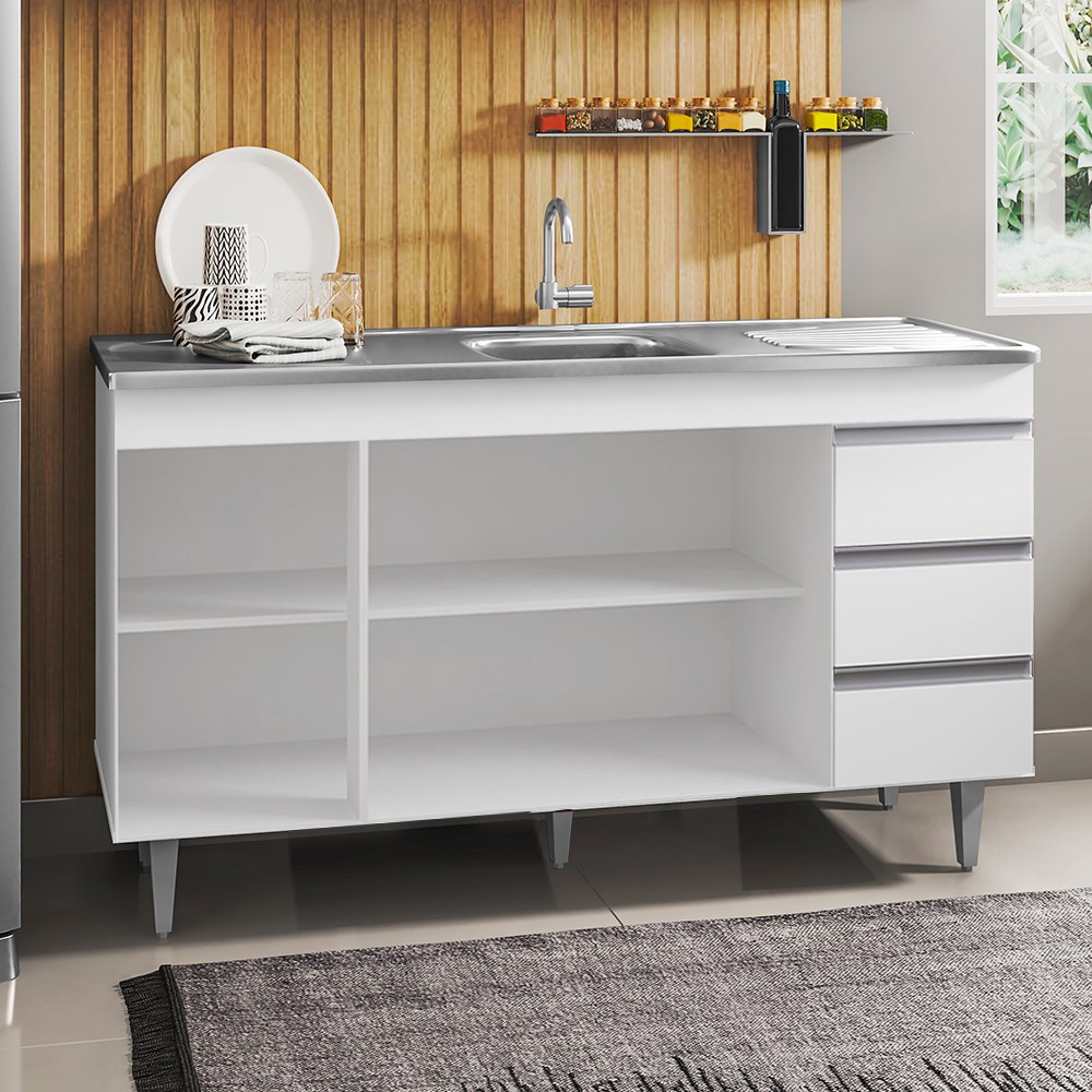Balcão Gabinete com Pia Inox 150cm 3 Portas 3 Gavetas Andréia Branco - AJL Móveis