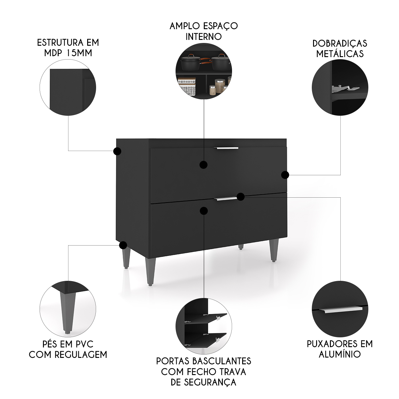 Balcão Para Pia 100cm Sem Tampo Pérola Z34 Preto            - Mpozenato