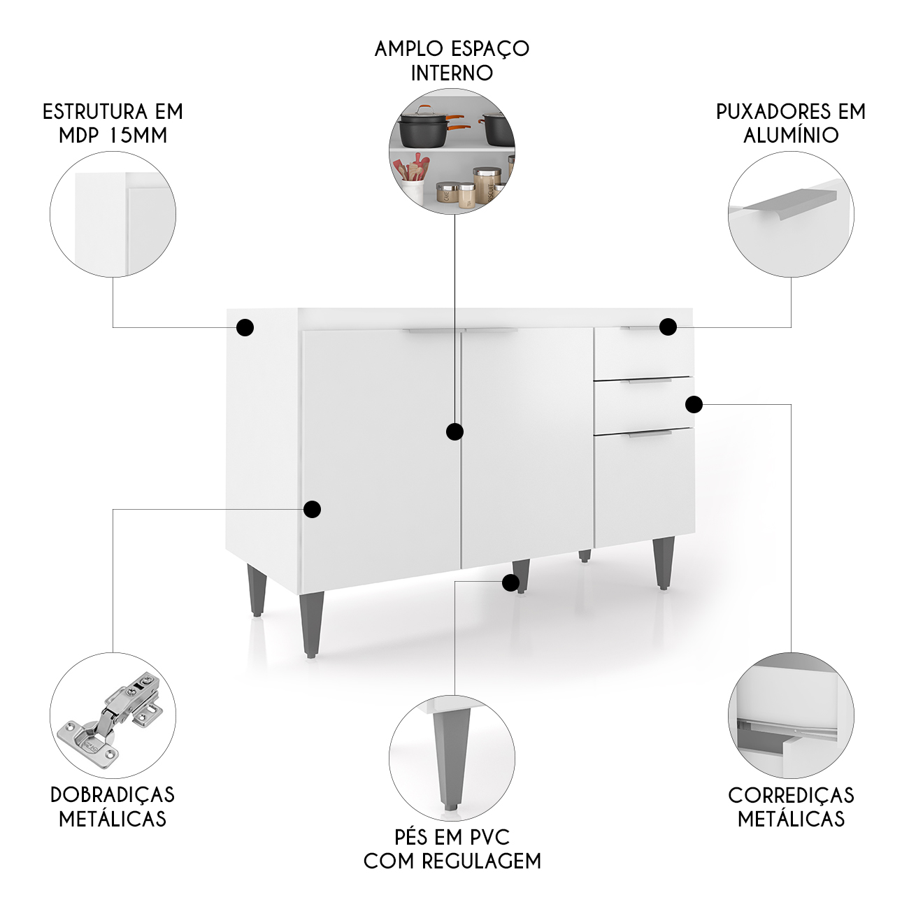 Balcão Para Pia 120cm Sem Tampo Pérola Z34 Branco           - Mpozenato