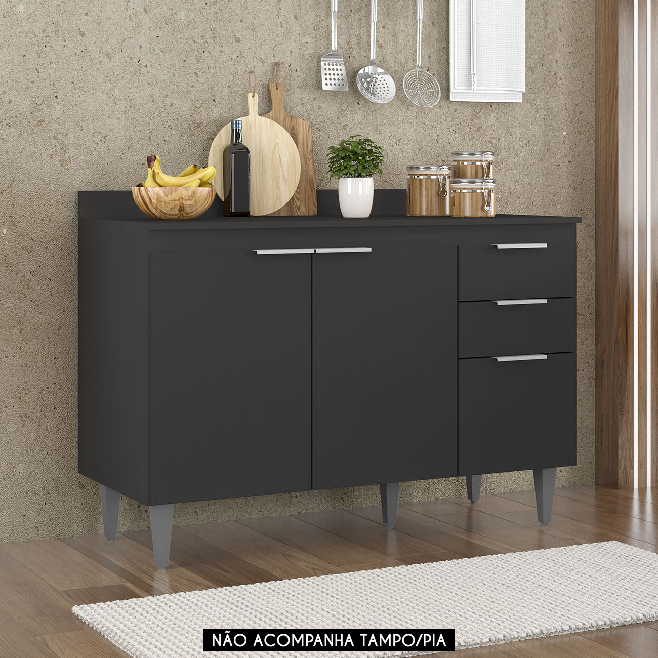 Balcão Para Pia 120cm Sem Tampo Pérola Z34 Preto            - Mpozenato