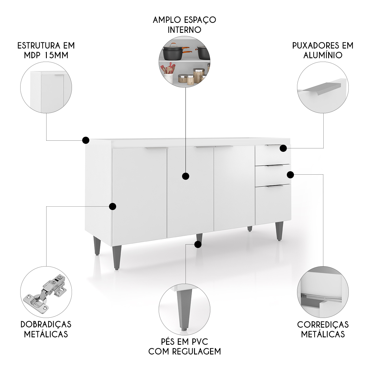 Balcão Para Pia 150cm Sem Tampo Pérola Z34 Branco           - Mpozenato