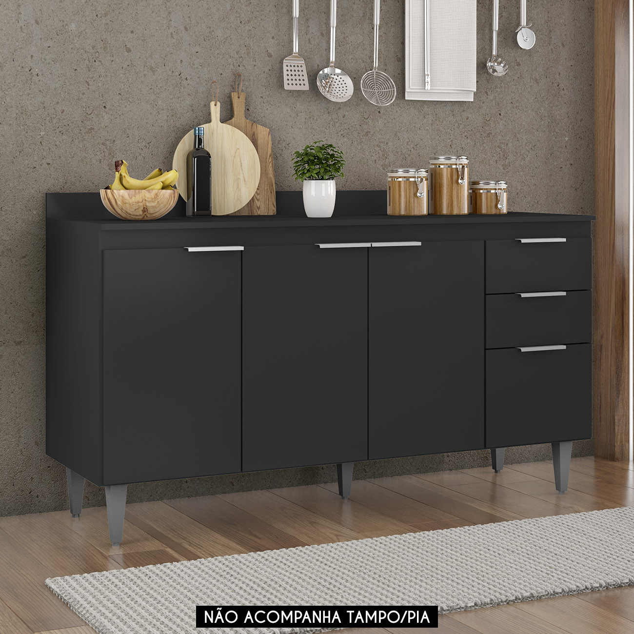 Balcão Para Pia 150cm Sem Tampo Pérola Z34 Preto            - Mpozenato