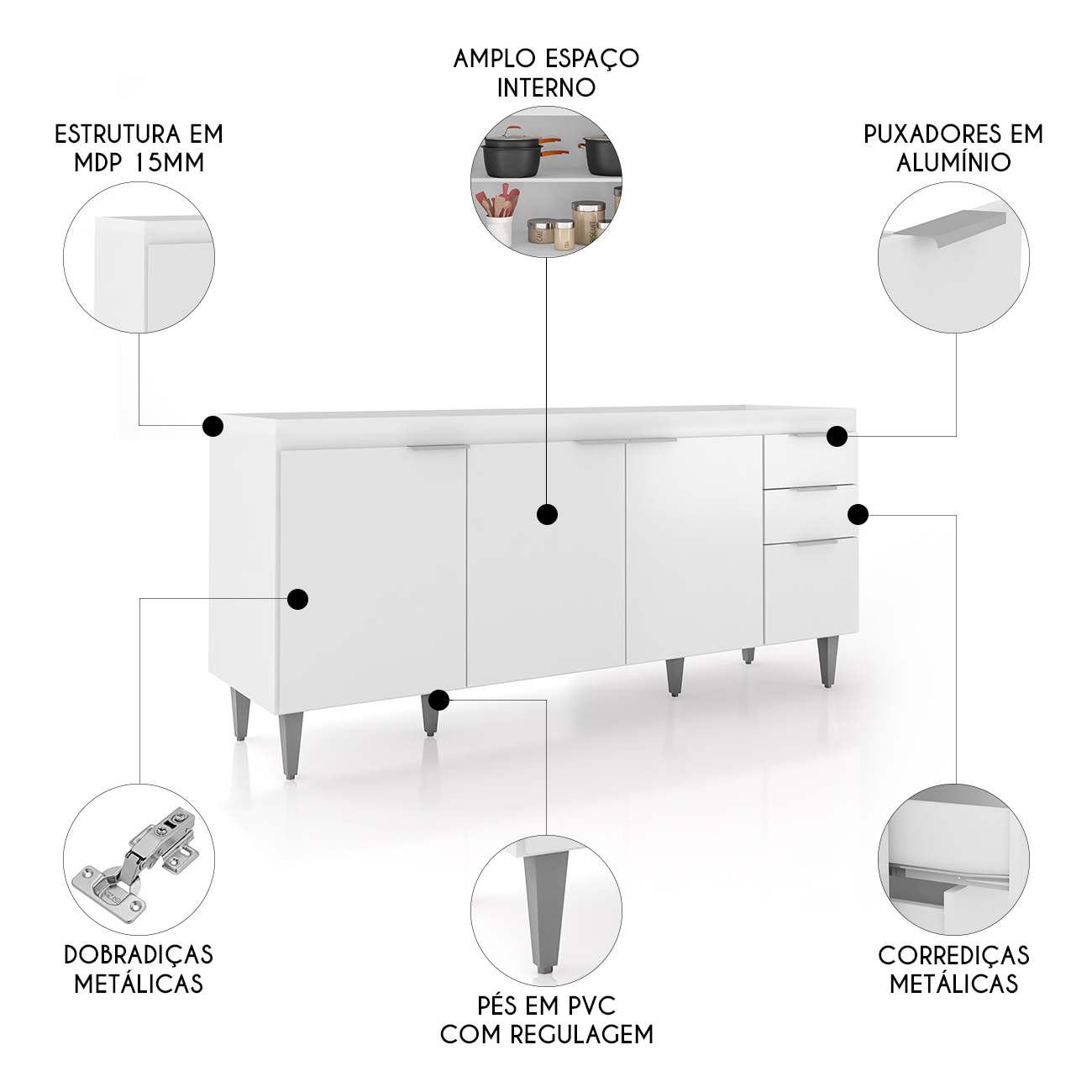 Balcão Para Pia 180cm Sem Tampo Pérola Z34 Branco           - Mpozenato