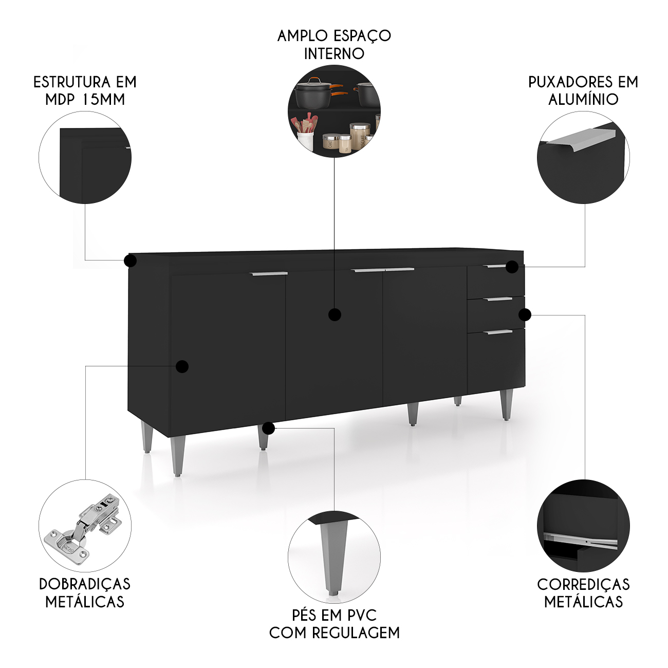 Balcão Para Pia 180cm Sem Tampo Pérola Z34 Preto            - Mpozenato